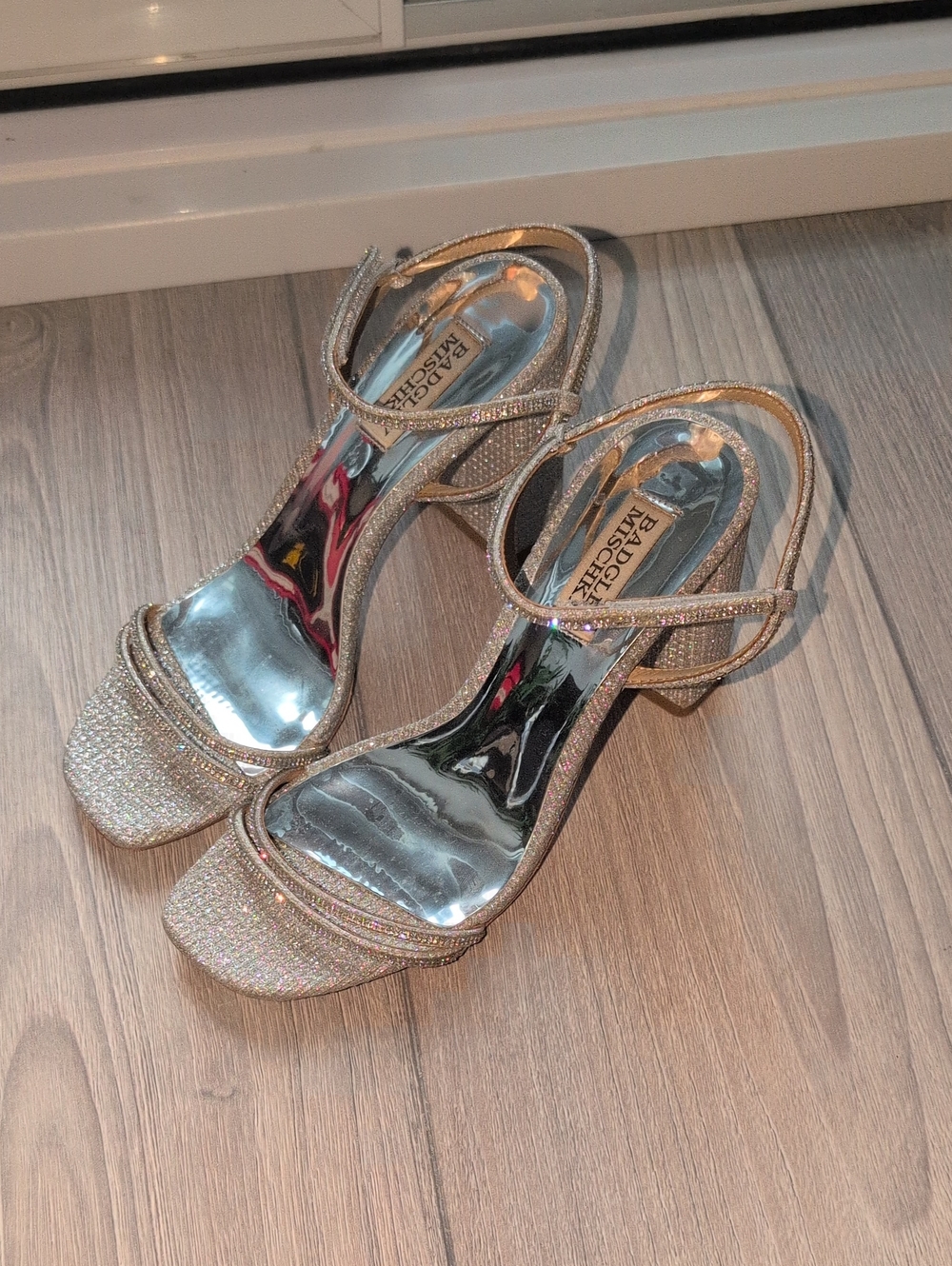 Badgley Mischka Silver Glitter Strap Heels